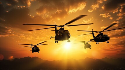 Fototapeta na wymiar Five military helicopters silhouetted against a golden sunset sky