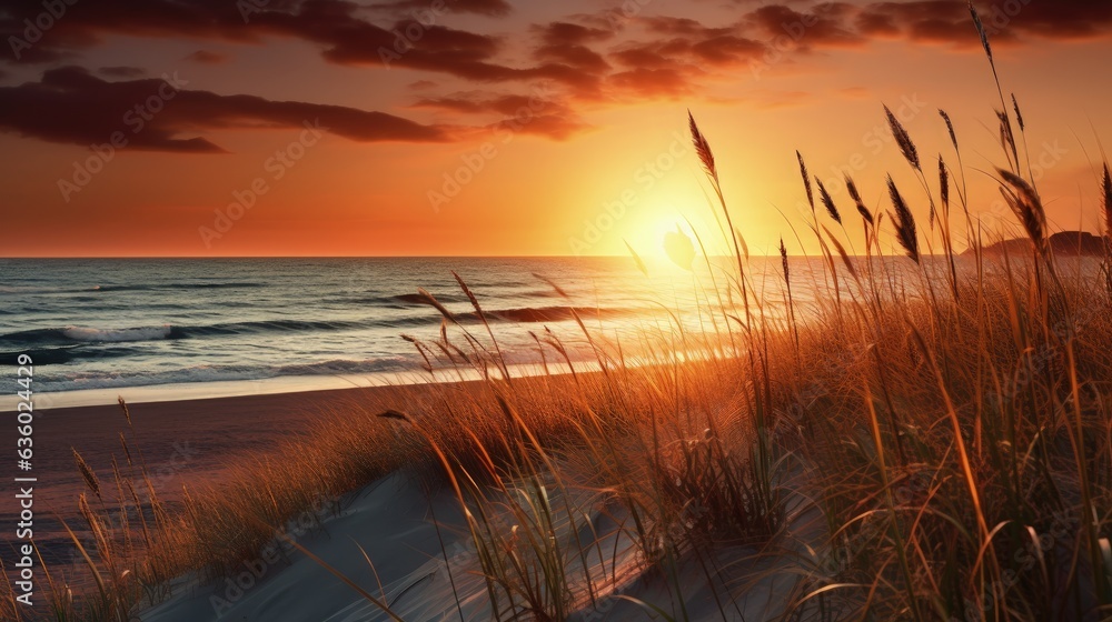 Aufkleber Sun setting on beach with grass in front. silhouette concept