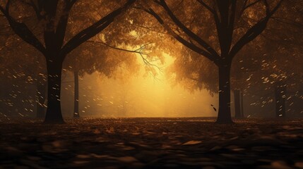 Falling leaves create a picturesque autumn scene in a park. silhouette concept