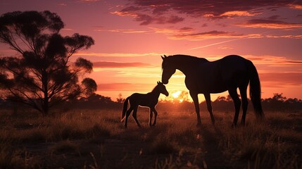 Fototapeta na wymiar Brumby Mare and her Foal seen at dawn. silhouette concept