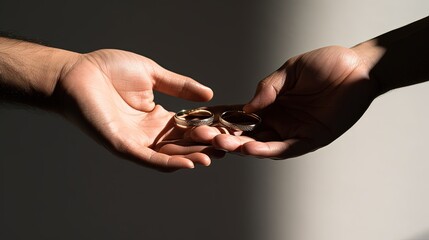 Fototapeta premium Creative concept of close up wedding rings held by a man with shadow and copy space. silhouette concept