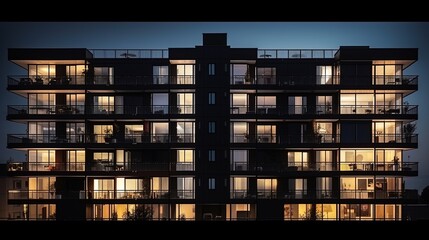 Contemporary nighttime architecture featuring uniform windows and balconies in a residential or hotel edifice. silhouette concept