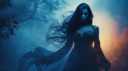 Eerie woman in dimly lit forest casting a fiery spell with her hands a queen with vampire like powers wearing vintage medieval attire and a haunting Halloween aes. silhouette concept