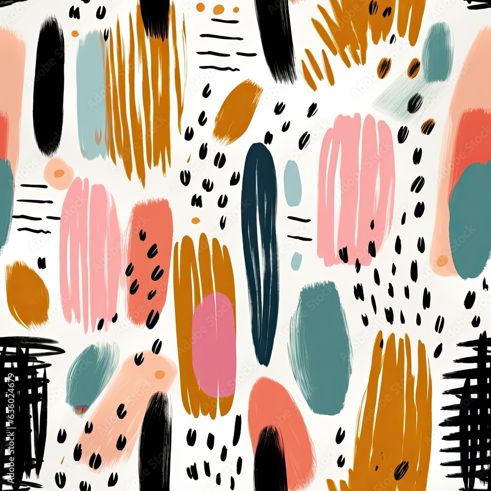Poster seamless pattern with abstract textured simple figures and strokes of paint on white background. mod