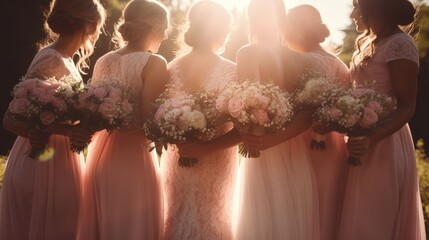 Luxury wedding blog with bridesmaids in pink and a beautiful bouquet depicting the concept of a summer wedding. silhouette concept - obrazy, fototapety, plakaty