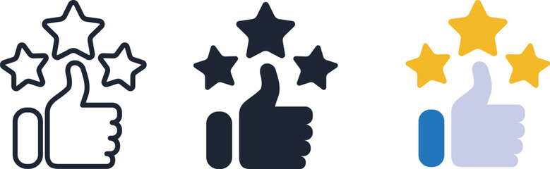 Thumbs up with star icons set. 
Best quality icon. Like symbol collection. Thumb up flat and outline signs. Review. Great choice icon. 