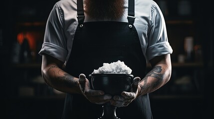 Photograph of hairstylist s hands with bowl of shaving foam and wooden brush man in black gloves at indoor barbershop. silhouette concept