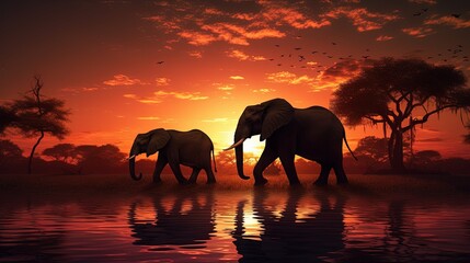 Silhouetted elephant family at sunset - Powered by Adobe