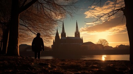 The late afternoon sun shines on a cathedral in Regensburg. silhouette concept