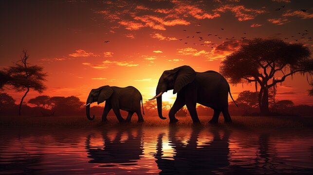 Silhouetted elephant family at sunset
