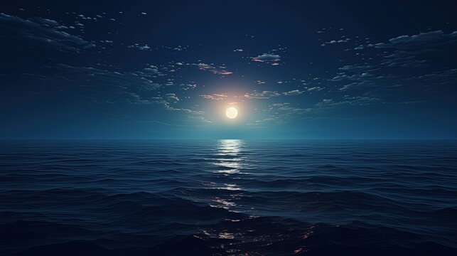 Full moon shining over the ocean landscape. silhouette concept
