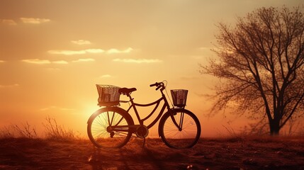 Sunset silhouette of two bicycles in a summer landscape