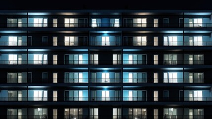 Obraz premium Contemporary nighttime architecture featuring uniform windows and balconies in a residential or hotel edifice. silhouette concept