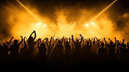 Concert crowd shadows against vibrant yellow stage lights. silhouette concept - obrazy, fototapety, plakaty