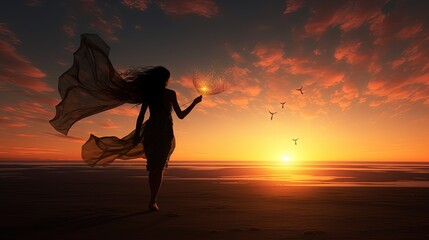 a woman flying a kite at sunrise. silhouette concept