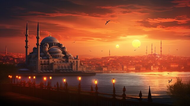 View of Suleymaniye Mosque at sunset in Istanbul Turkey from salacak. silhouette concept