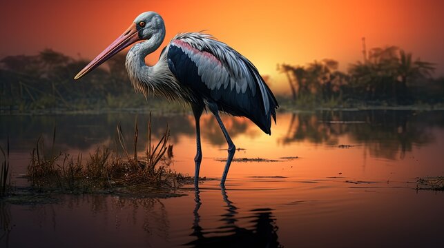 The big stork species found in Asian wetlands south of the Himalayas. silhouette concept