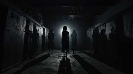 Eerie shadow in deserted building Horror involving deranged figure or dim hallway with cabinets and lights featuring spooky person in various poses. silhouette concept