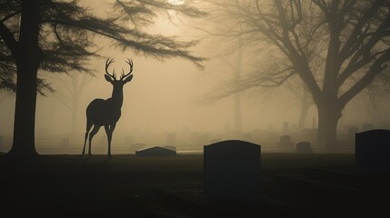 Foggy morning silhouette of a deer in cemetery - obrazy, fototapety, plakaty