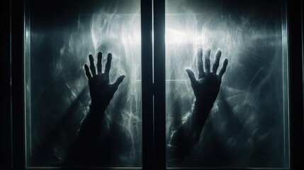 Spooky hands of a shadowy figure behind glass on a Halloween themed background. silhouette concept