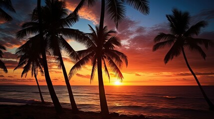 Palm trees silhouetted against a sunset on a tropical beach