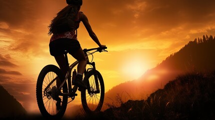 Silhouetted sunrise mountain biker girl