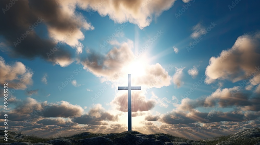 Aufkleber a miraculous event occurred in the sky with fluffy clouds forming a cross. silhouette concept