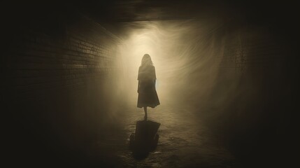 A vintage sepia grunge edited image shows a ghostly woman in a dress in a foggy tunnel at night. silhouette concept