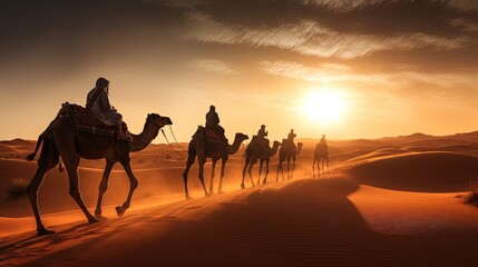 camel tours in Sahara desert guided by a berber with camel shadows. silhouette concept