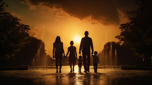 Family walking towards water feature. silhouette concept