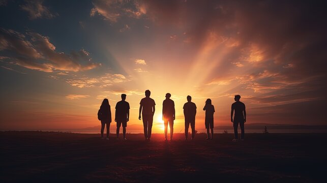 Group of friends silhouetted against a sunset