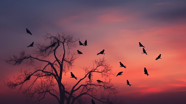 Birds in silhouette perched on trees in a dusky sky