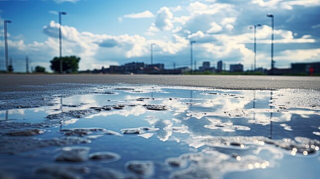 Fototapeta Reflection of blue sky and white clouds on water puddle surface on grey city road after rain. silhouette concept
