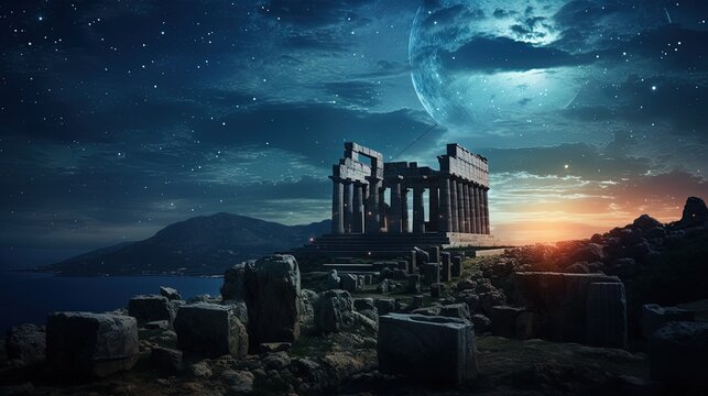 Poseidon s temple under a night sky filled with stars. silhouette concept