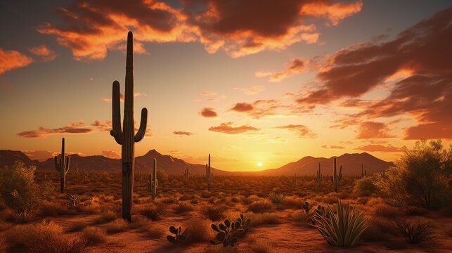 Sonoran desert sunset in Phoenix Arizona featuring a large Saguaro cactus. silhouette concept