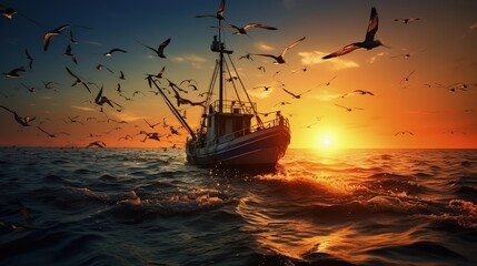 Birds flying over a shrimp fishing boat at sunset in the open sea. silhouette concept