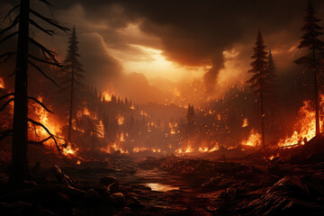 Depiction of a forest wildfire, charred trees, and the influence of climate change and extreme heat in fueling such natural disasters. Generative Ai.