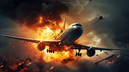 Dangerous situation leads to plane crash in the air. silhouette concept
