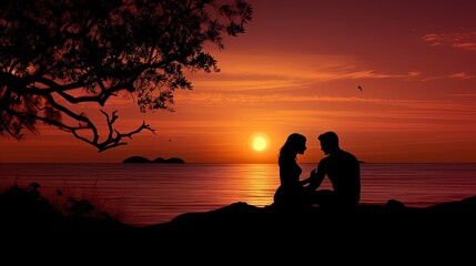 Couple s silhouette picnicking seaside