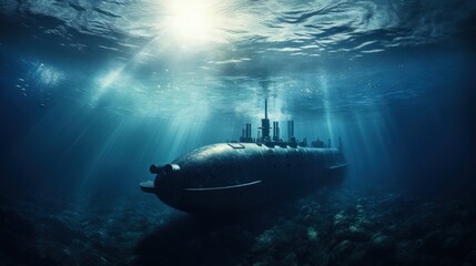 Underwater naval vessel on a mission. silhouette concept - obrazy, fototapety, plakaty