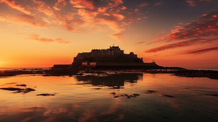 Jersey s calm coastal sunrise at St Aubin s fort UK in autumn. silhouette concept
