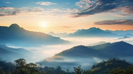 Obraz premium Sunrise seen from behind mountains above the Sea of Mist in Chiang Khan Thailand. silhouette concept