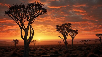 Sunrise in Namibia southern Africa with quiver trees silhouette at dawn clouds