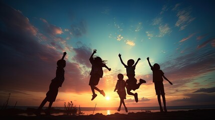 Children in silhouette leaping against a beautiful blue sky backdrop