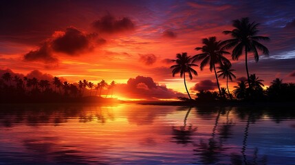 Fototapeta na wymiar Stunning palms silhouetted against ocean at sunset