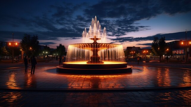 Evening city of Sovetsk in Kaliningrad region with a new illuminated fountain seen from below. silhouette concept
