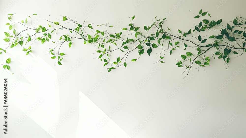 Aufkleber Green shadow created by falling tree branch on white wall texture serving as a background and wallpaper a representation of nature s artwork. silhouette concept