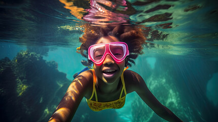 African American girl snorkeling in the ocean - obrazy, fototapety, plakaty