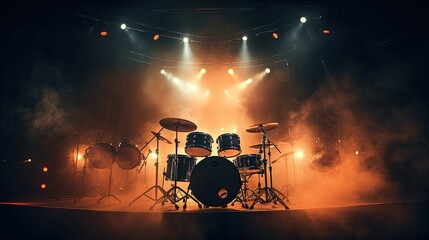 Live drum on stage with spotlights illuminating smoke music and concert background. silhouette...