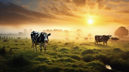Dairy cows in rural Ireland grazing at sunrise in a misty meadow. silhouette concept